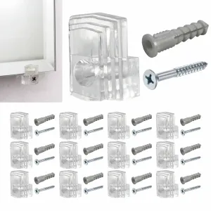 12 Clear Mirror Holder Clips Wall Mounting Transparent Brackets Screws Anchors