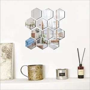 DecorWear 12 Hexagon Mirror Silver Plastic Wall Stickers for Wall Size (10.5x12.1) Cm Acrylic Mirror Wall Decor Sticker, Wall Mirror Stickers, 3D Hexagonal Mirror Wall Sticker (J-12HexaSilver)
