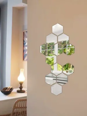DecorWear 12 Hexagon Mirror Silver Plastic Wall Stickers for Wall Size (10.5x12.1) Cm Acrylic Mirror Wall Decor Sticker, Wall Mirror Stickers, 3D Hexagonal Mirror Wall Sticker (V-12HexaSilver)