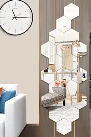 DecorWear 20 Hexagon Mirror Silver Plastic Wall Stickers for Wall Size (10.5x12.1) Cm Acrylic Mirror Wall Decor Sticker, Wall Mirror Stickers, 3D Hexagonal Mirror Wall Sticker (B-20HexaSilver)