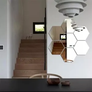 DecorWear 7 Hexagon Mirror Silver Plastic Wall Stickers for Wall Size (10.5x12.1) Cm Acrylic Mirror Wall Decor Sticker, Wall Mirror Stickers, Unframed Hexagonal Mirror Wall Sticker(B-7HexaSilver)
