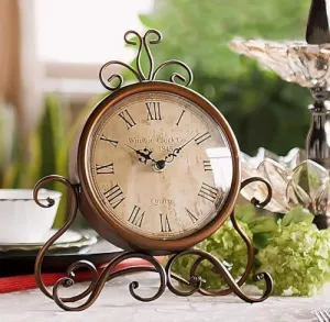 Love Home Collection Vintage of World Table Clock Antique Style 10 in dial 6 in Antique Colour Desk Clock Art Unique for Home Office Decor Iron Metal Glass (Antique Style)