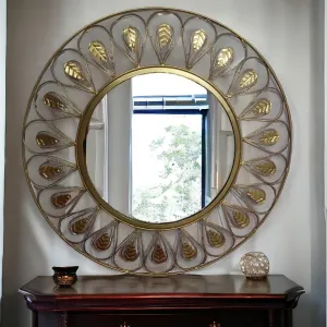 M.L. CREATIONS Iron Framed Decorative Wall Mounted Round Hanging Mirror Vintage Flower Leaf Design Golden Modern Art Mirror for Living Room, Home Decor