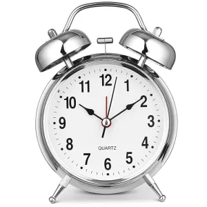 SHOPOLIFE Table Clock Vintage Twin Bell Metal Frame Alarm Clock/Analog with Night Backlight Function, High Volume Bedside Luminous Alarm for Bedroom/Office (1 Pc - Silver) (Small Size)