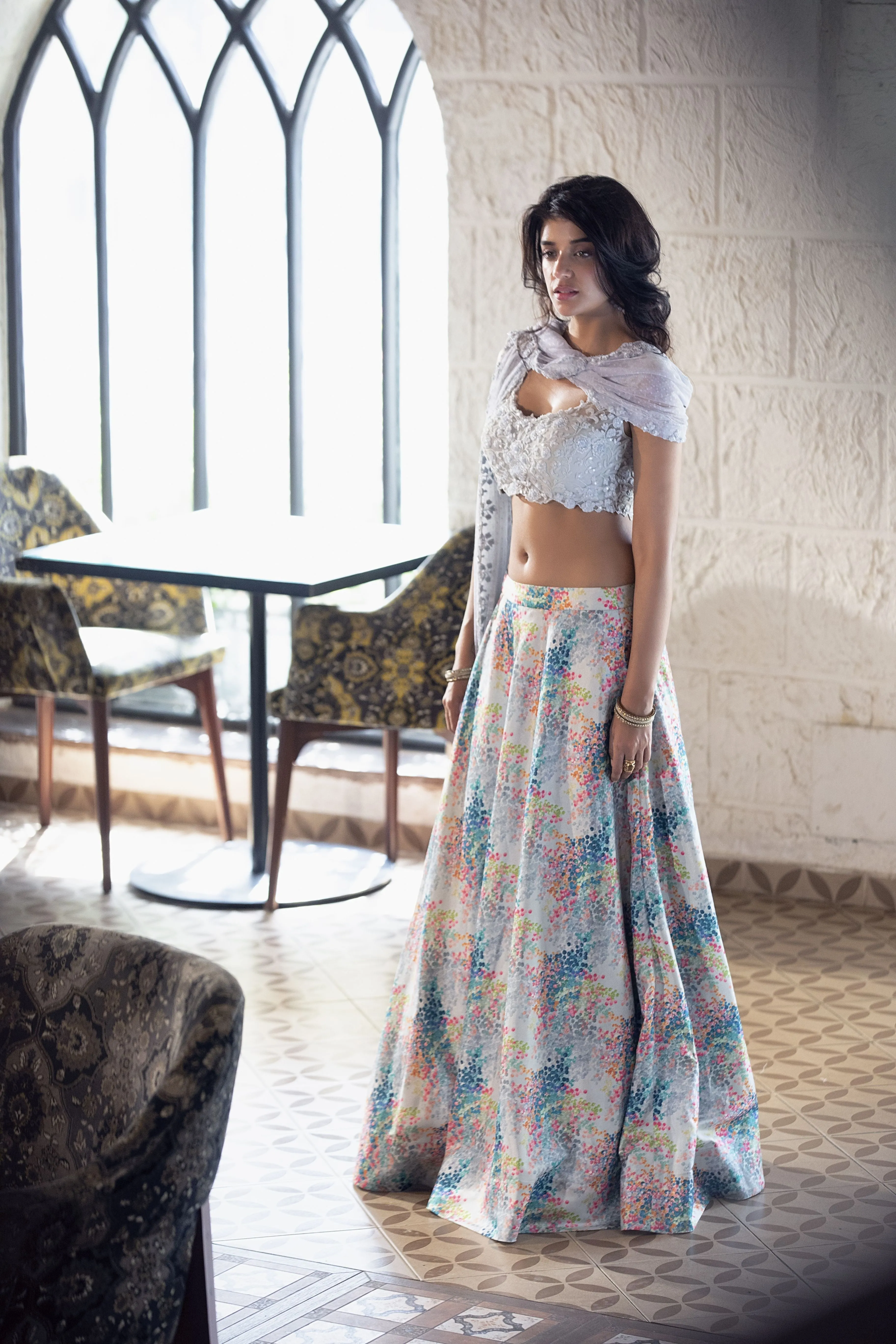 Sky Blue Net Blouse with Colorful Dotted Lehenga  Embroidered Set