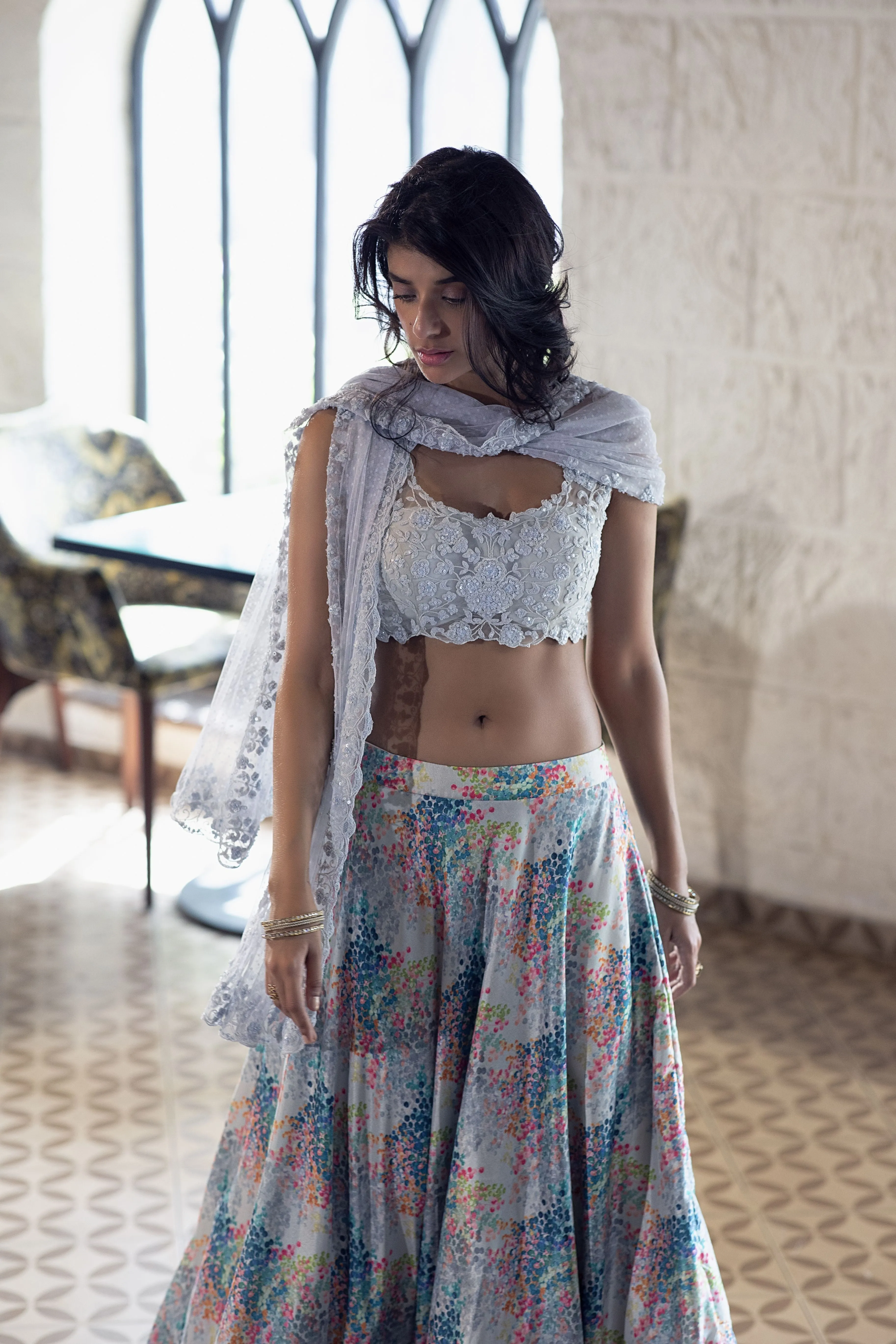 Sky Blue Net Blouse with Colorful Dotted Lehenga  Embroidered Set