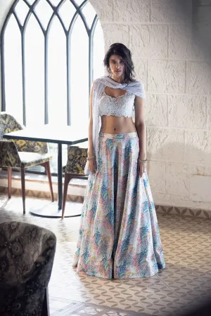 Sky Blue Net Blouse with Colorful Dotted Lehenga  Embroidered Set